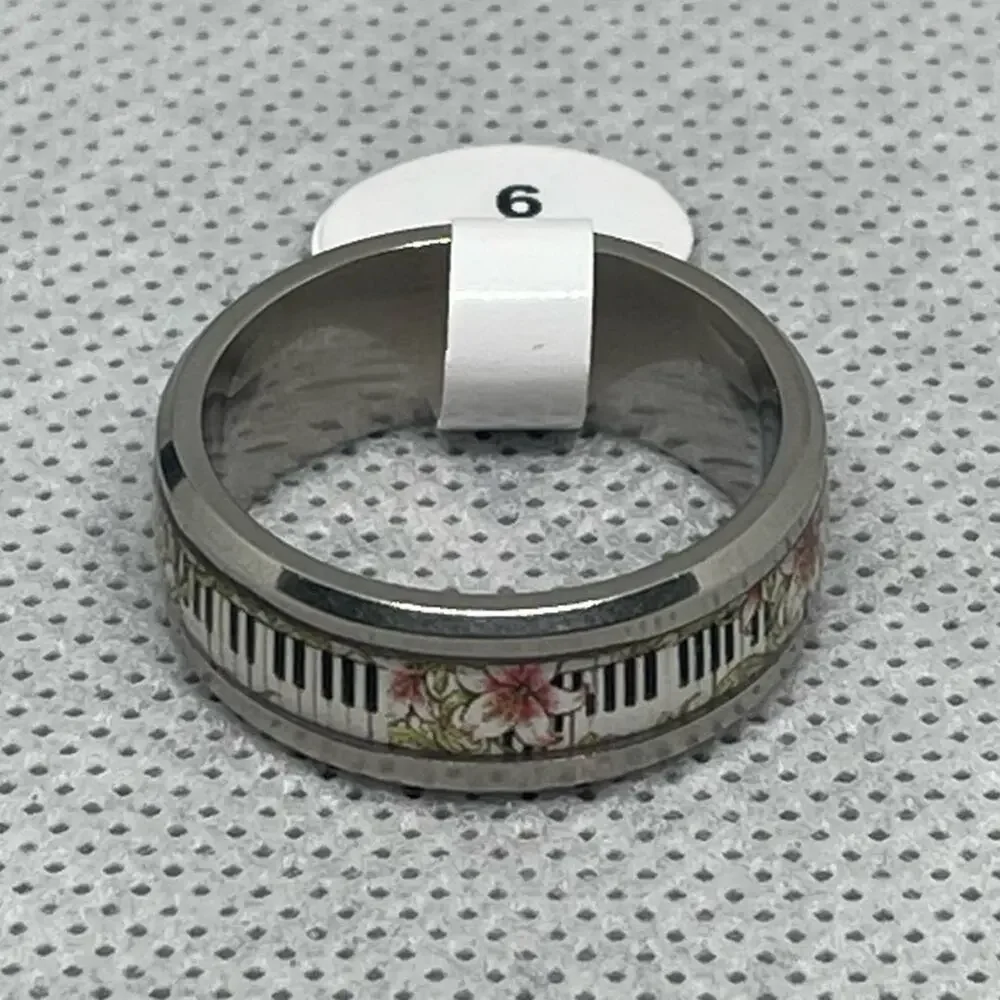 Music Lover Floral Keyboard Piano Treble Clef Stainless Steel Band Ring Size 9